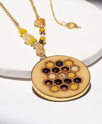 18k Gold-Plated Mixed Gemstone Honeycomb Long Pendant Necklace