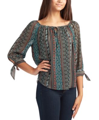 BCX - Juniors' 3/4-Sleeve Tie-Cuff Peasant Top