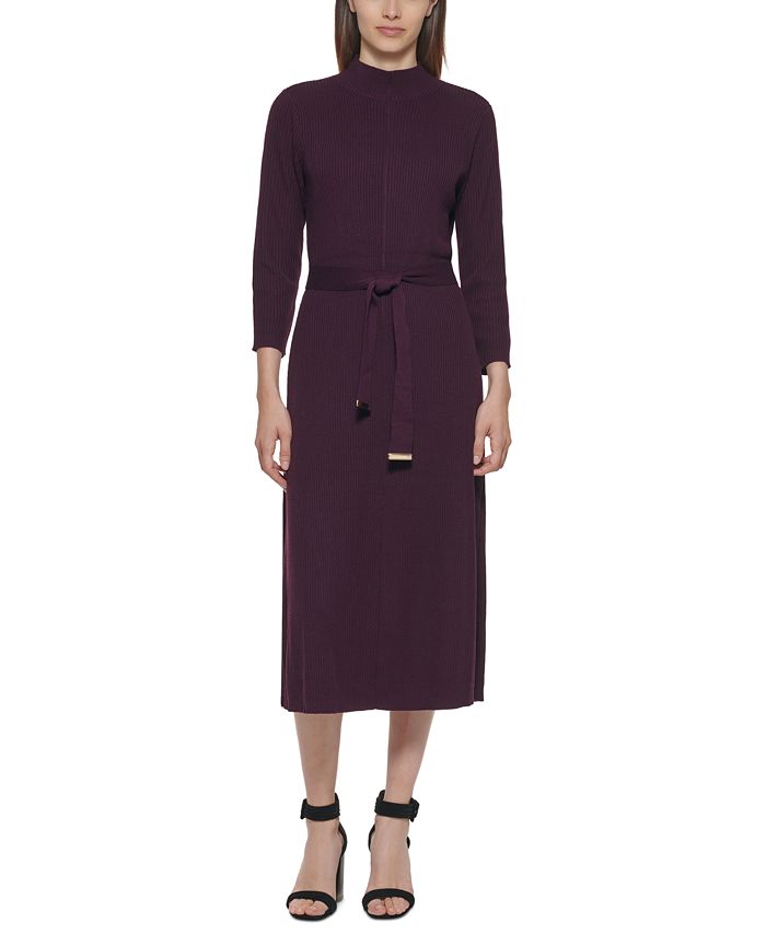 Calvin Klein Women's Mock-Neck 3/4-Sleeve Belted Midi Dress - Macy's