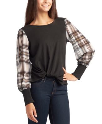 BCX - Juniors' Plaid-Sleeve Twist-Hem Top