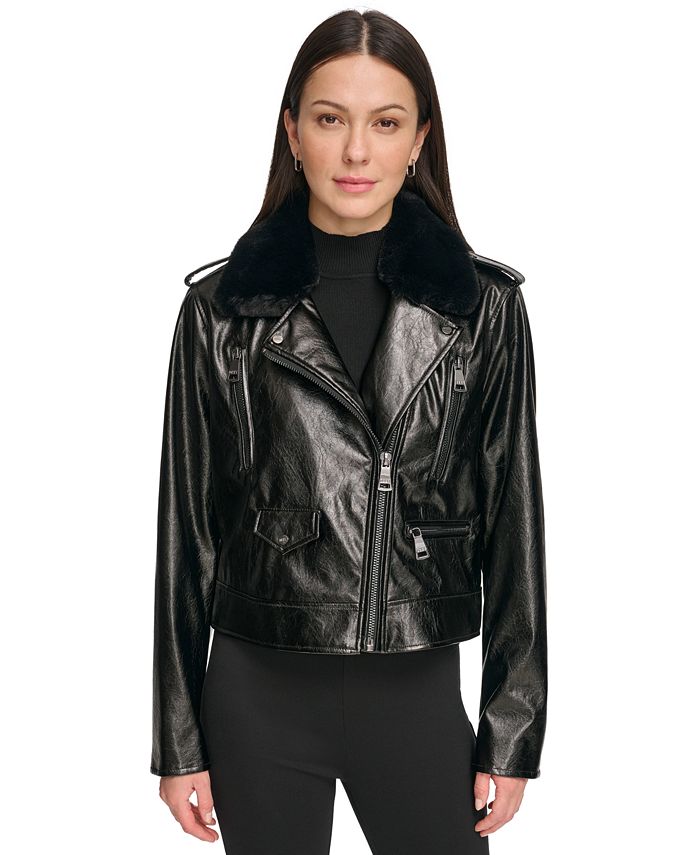 DKNY Women's Crackle Faux-Leather Long-Sleeve Moto Jacket - Macy's
