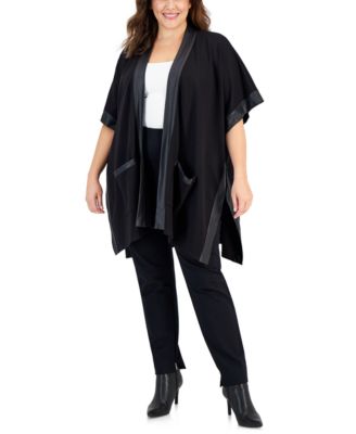Anne Klein - Plus Size Faux-Leather-Trim Open-Front Side-Slit Poncho