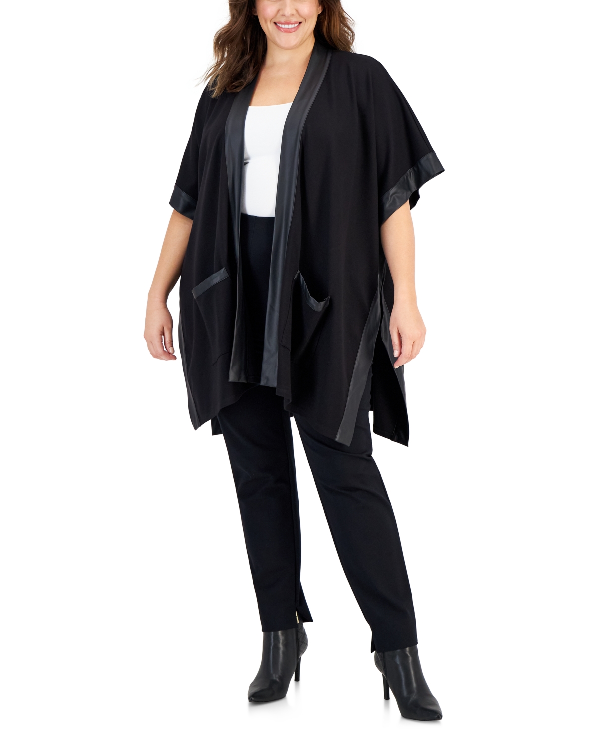 Anne Klein Plus Size Faux-leather-trim Open-front Side-slit Poncho In Anne Black
