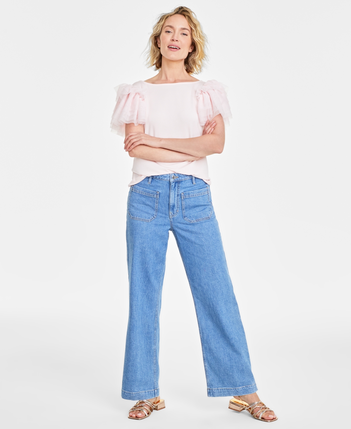 On 34th Womens Ruffle Sleeve Top Patch Pocket Wide Leg Jeans Stackable Bracelets Created For Macys In Med Indigo