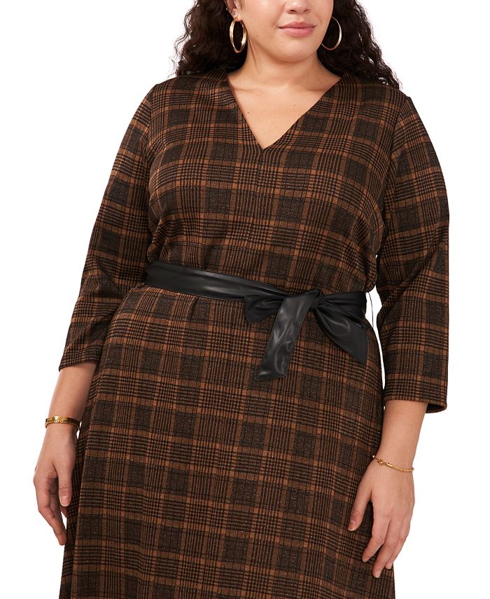 MSK Plus Size Plaid-Print 3/4-Sleeve Tie-Belt Midi Dress - Macy's
