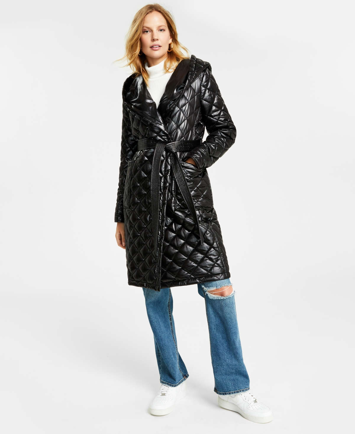Michael Kors Michael  Women's Hooded Belted Quilted Coat In Black