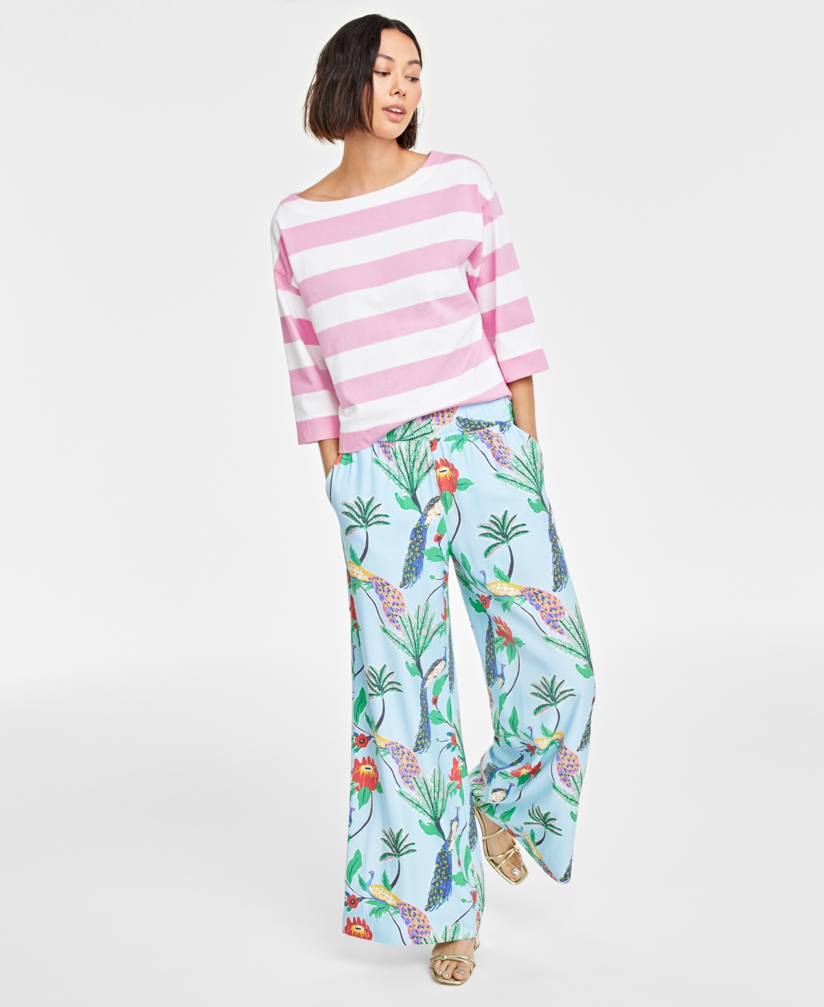 On 34th Women's Bird-print High-rise Wide-leg Pants, Created For Macy's In Blue Combo