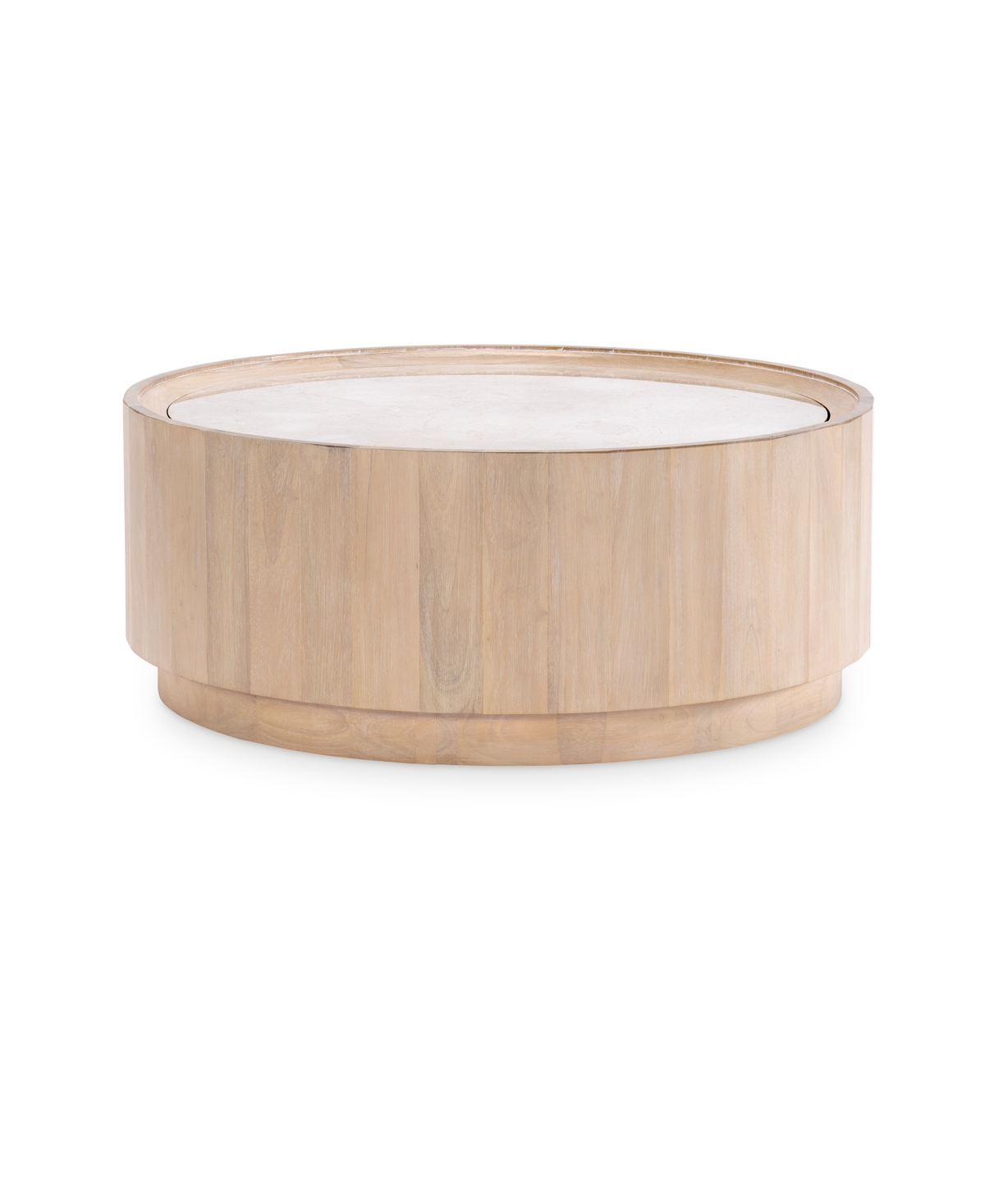 Furniture Biscayne 40" Wood With Travertine Top Round Cocktail Table In Malabar With Alabaster Fronts