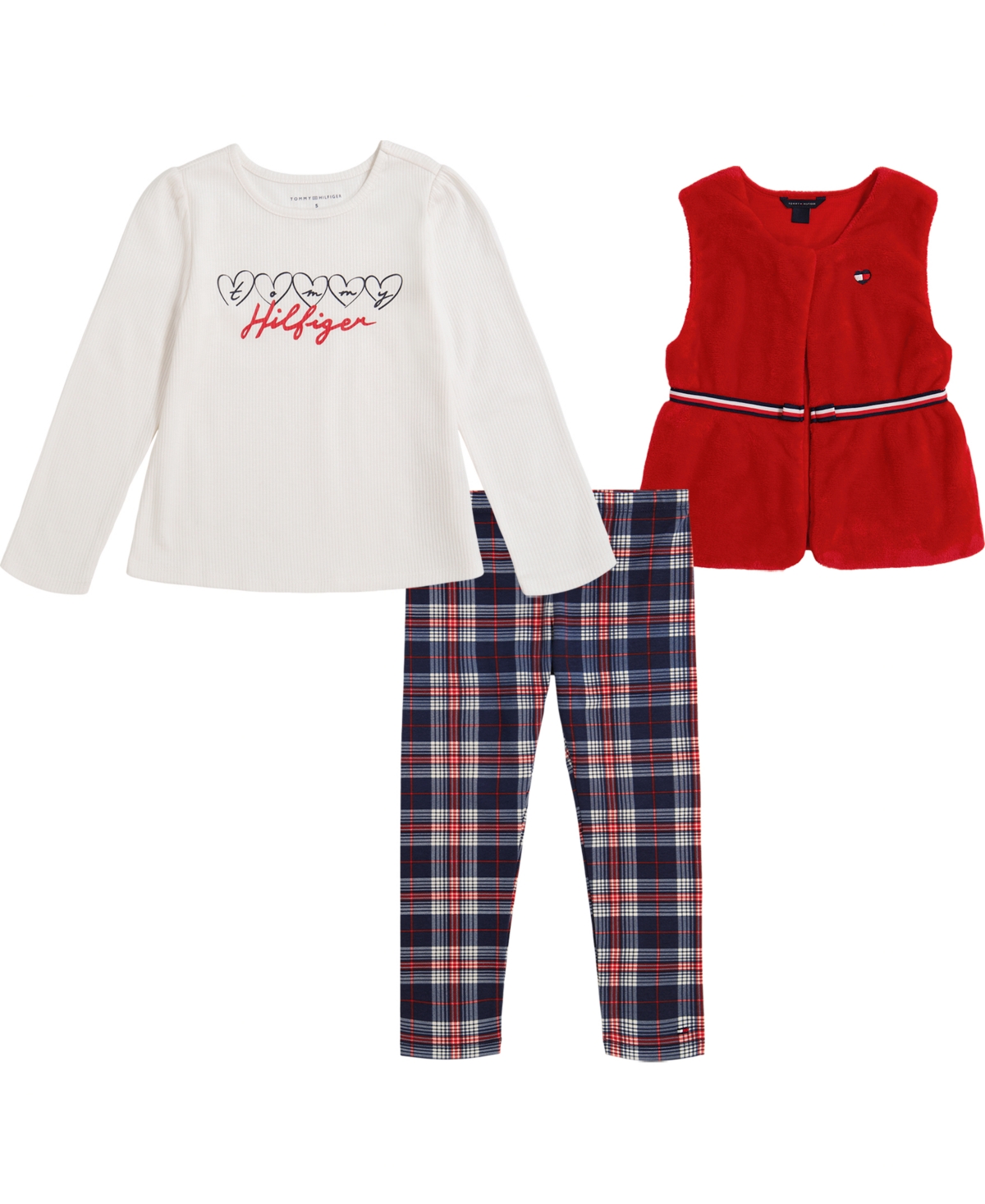 Tommy Hilfiger Babies' Toddler Girls Belted Sherpa Vest, Logo T-shirt And Plaid Leggings Set, 3 Piece In Red
