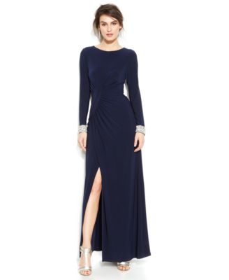 Vince Camuto Long-Sleeve Embellished Faux-Wrap Gown - Macy's