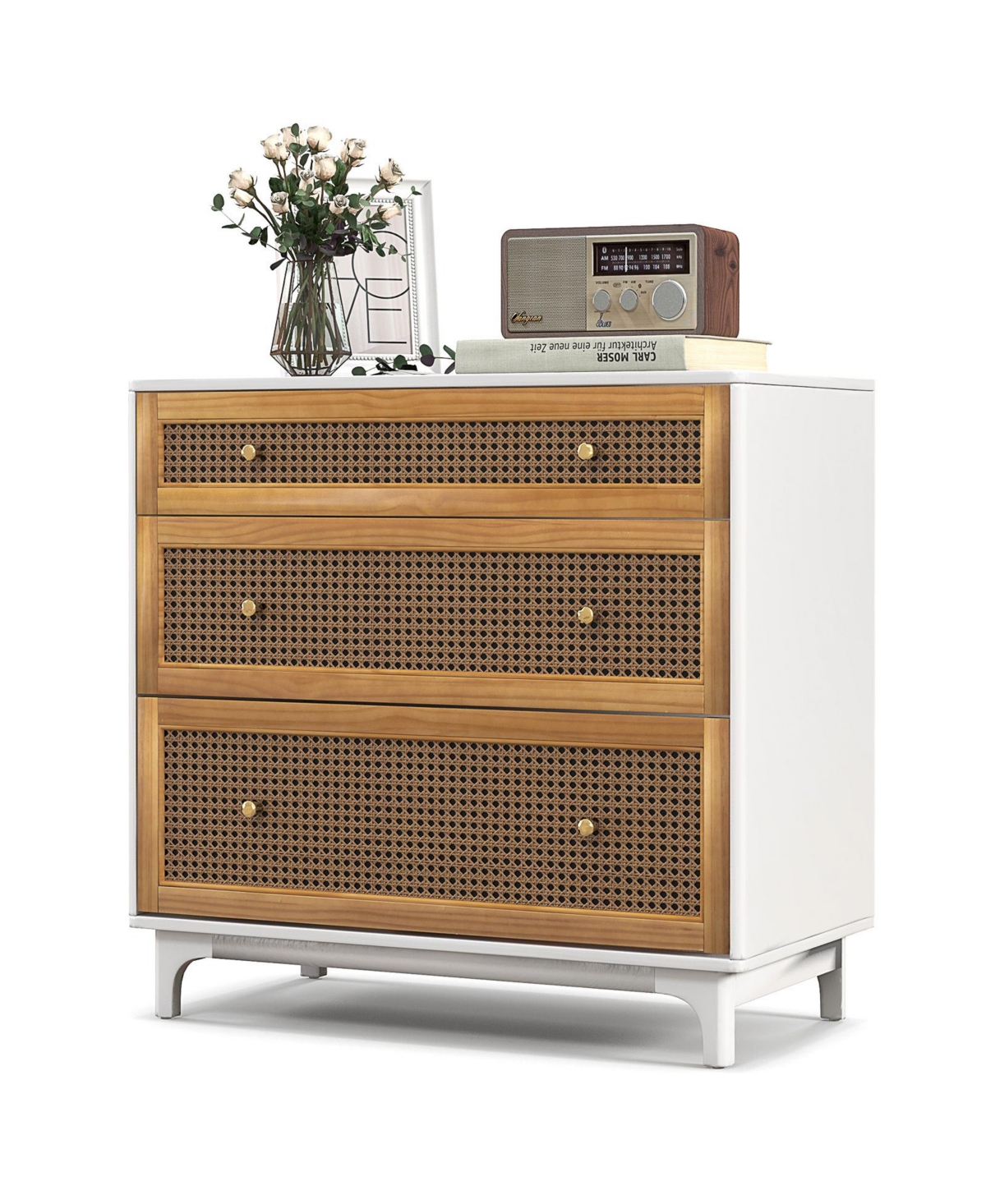 3-Drawer Rattan Dresser Modern Closet Chest Storage Cabinet Living Room Entryway - White