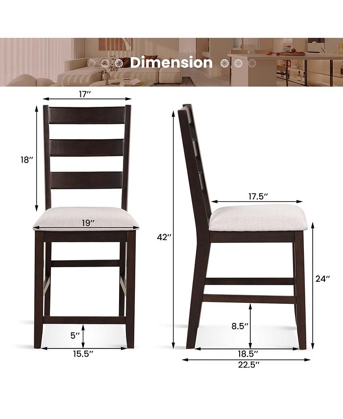Costway Set of 2 Upholstered Bar Stools 24'' Rubber Wood Dining Chairs