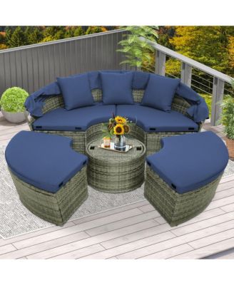 Patio Rattan Daybed Outdoor Sectional Seating with Side Table & Retractable Canopy