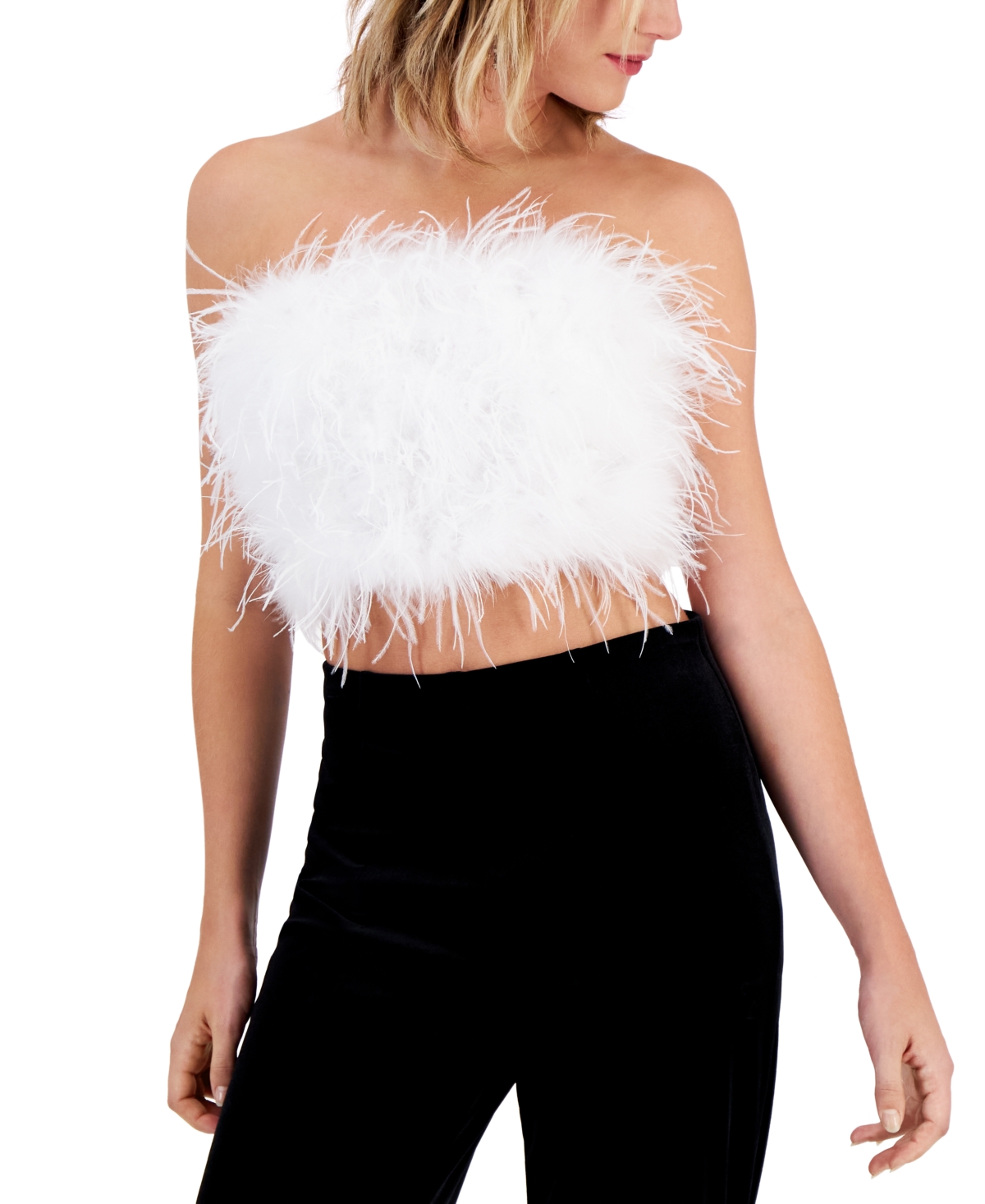 Alex & Sophia Juniors' Strapless Zip-back Feather-front Top In Offwhite,offwhite