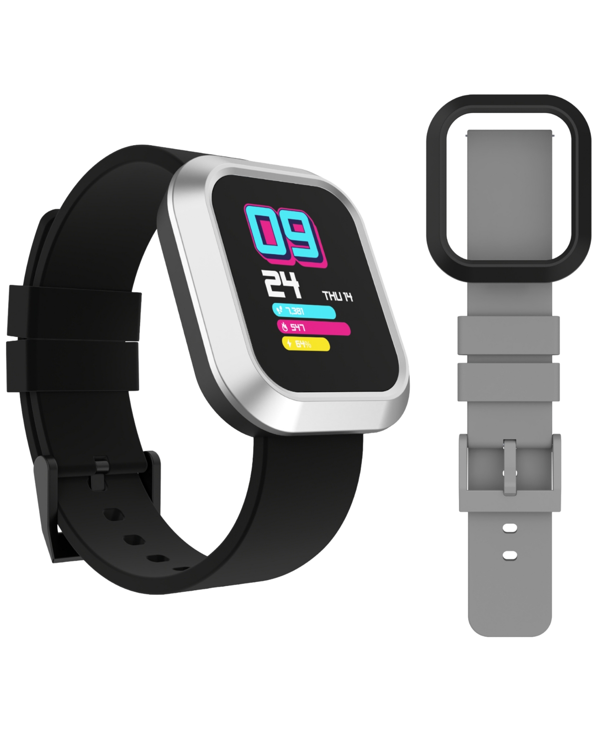 Unisex Flex Silicone Strap Smartwatch 38.2mm with Extra Bezel & Strap - Black/Pink