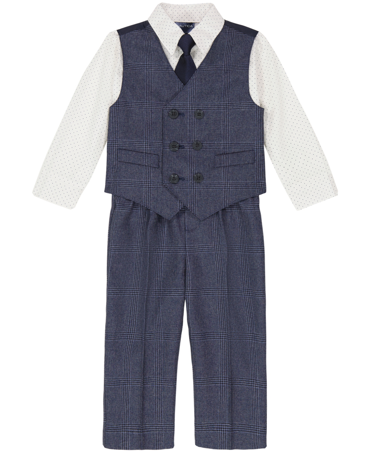 Nautica Toddler and Little Boys Shirt, Windowpane Vest, Pants & Neck Tie Set, 4 piece