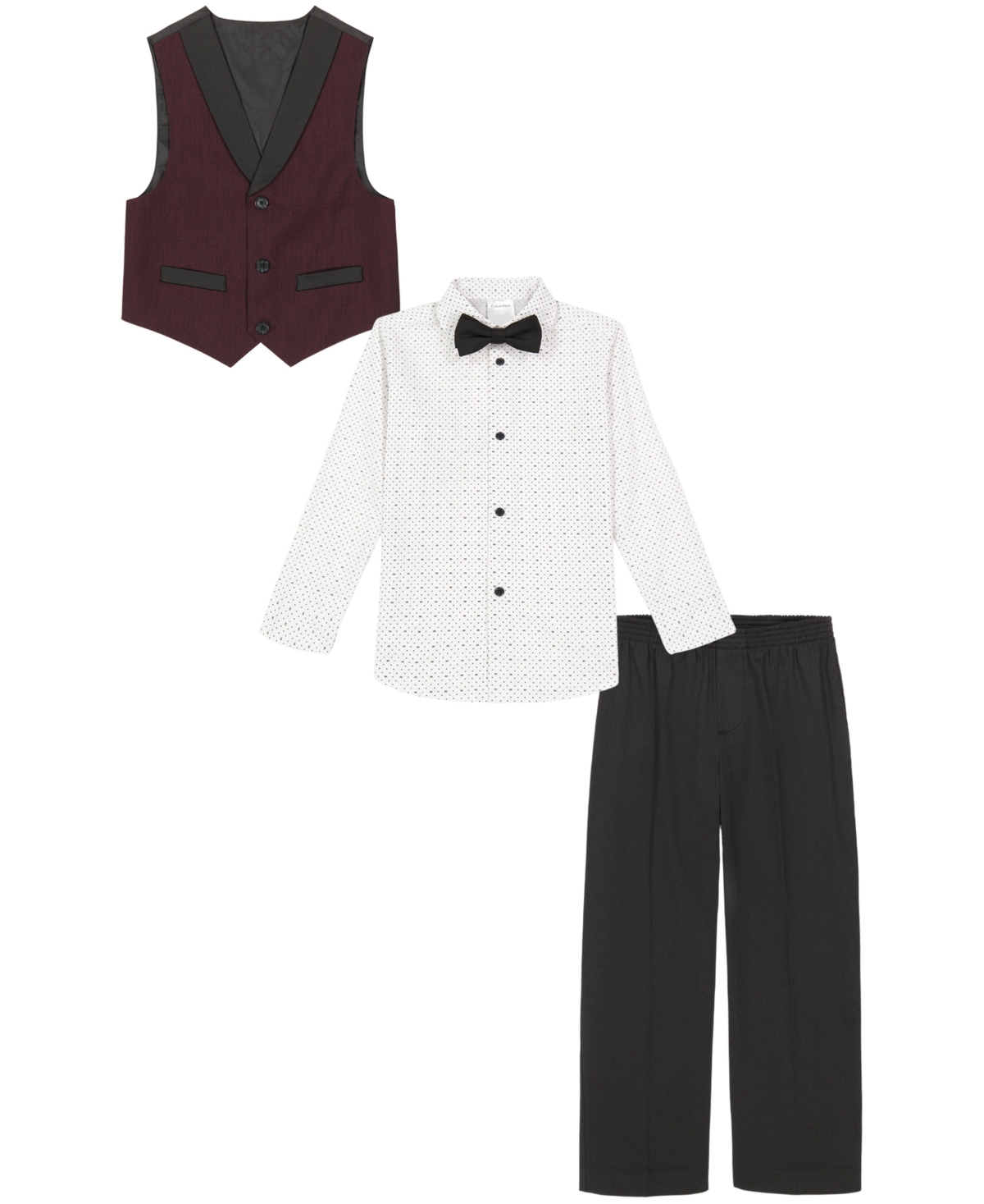 Calvin Klein Kids' Toddler Boys Cord Stripe Vest, Pant, Dress Shirt And Bowtie, 4 Piece Set In Dark Red