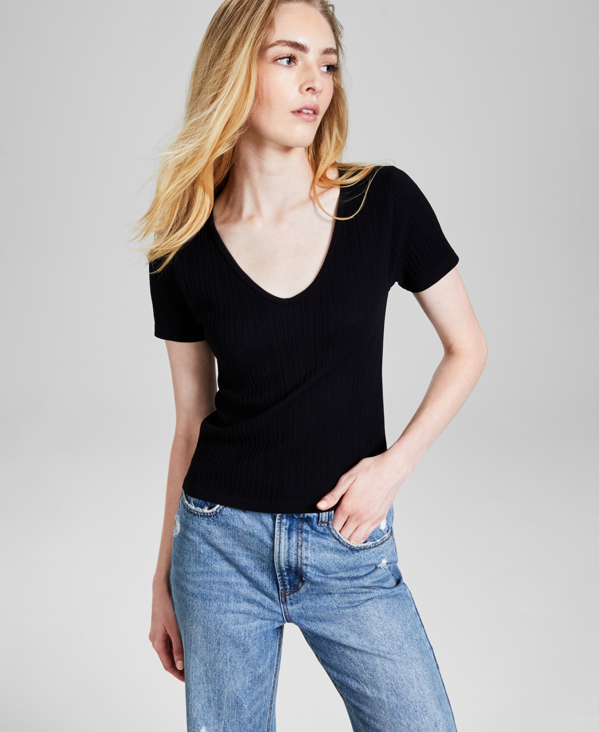 And Now This Women's Ribbed Seamless T-shirt, Created For Macy's In Black
