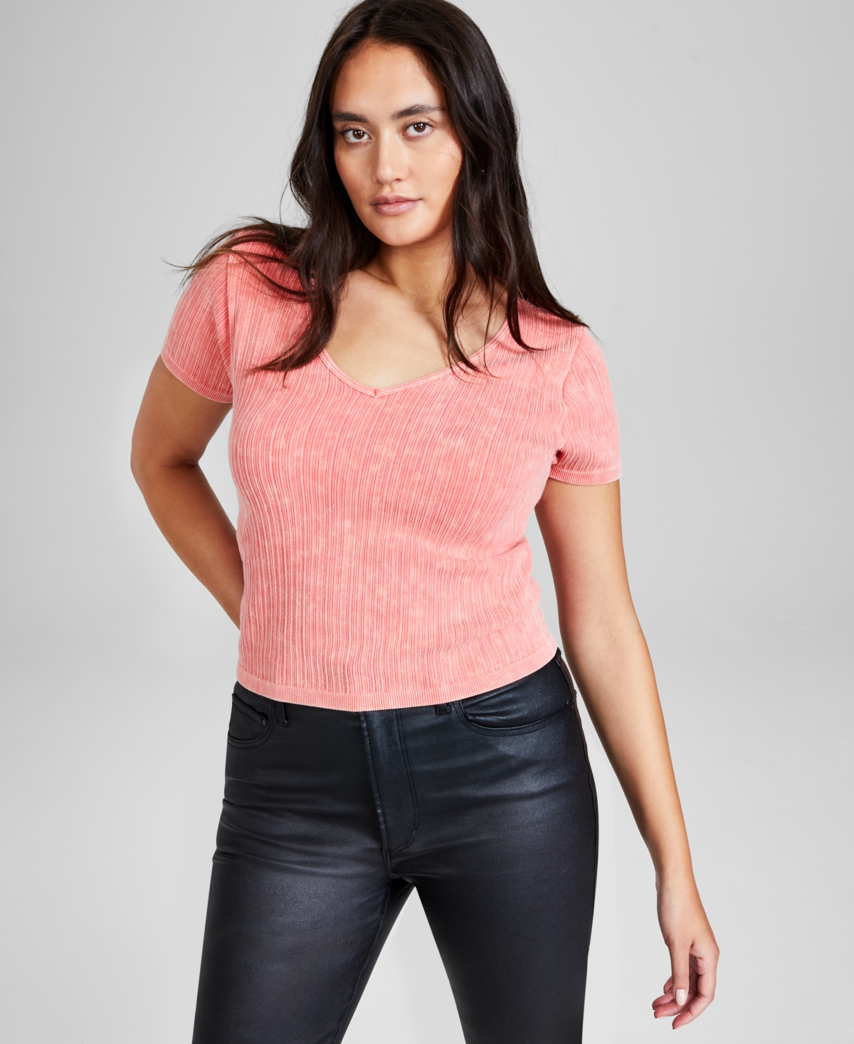 Shop And Now This Women's Ribbed Seamless T-shirt, Created For Macy's In Coral Branch Washed