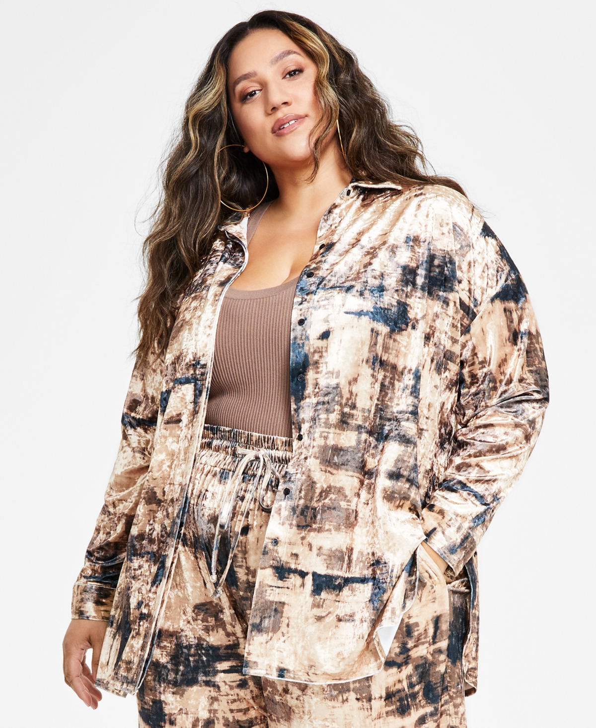 Nina Parker Trendy Plus Size Velvet Oversized Shirt In Neutral Distressed Print