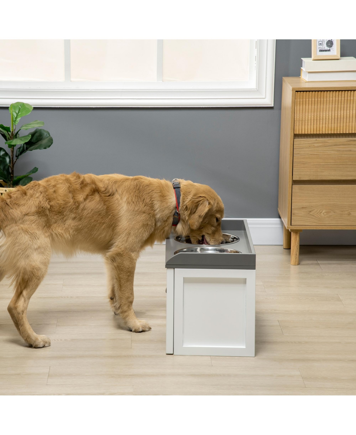 Large Elevated Dog Bowls with Storage Drawer Containing 21L Capacity, Raised Pet Feeding Station with 2 Stainless Steel Bowls - White