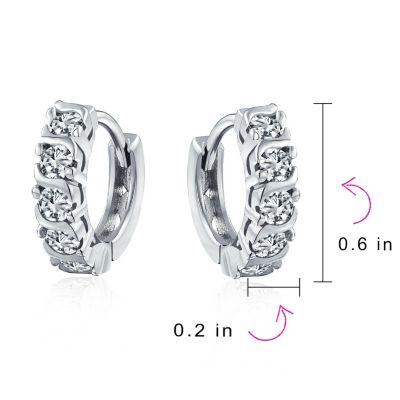 Round Solitaire Cubic Zirconia CZ S-Style Wave Kpop Huggie Hoop Earrings Sterling Silver