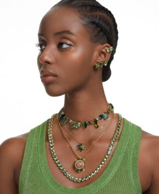 Gold-Tone Green-Hued Crystal Mixed Cut Collar Necklace, 14" + 1-3/4" extender