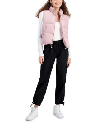 Crave Fame Juniors Square Neck Long Sleeve Bodysuit Puffer Vest Cargo Pants In Taupe