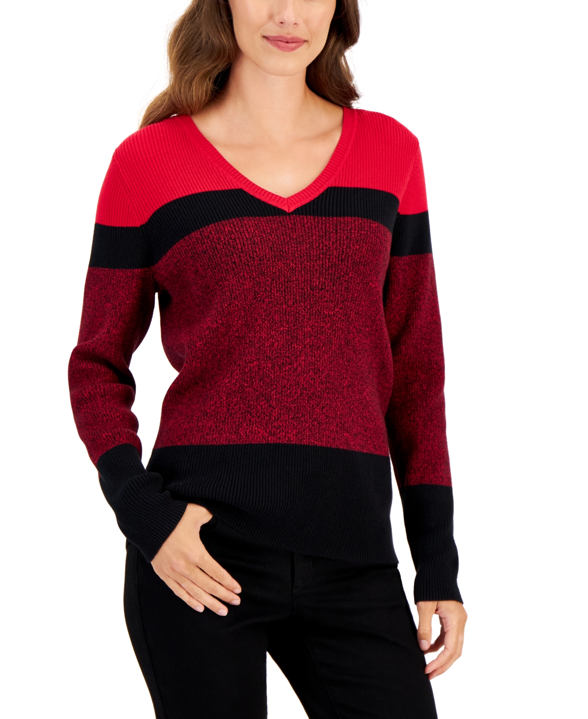 Karen Scott Women's Elsa Cotton Stripe V-neck Sweater, Created For Macy's In New Red Amore
