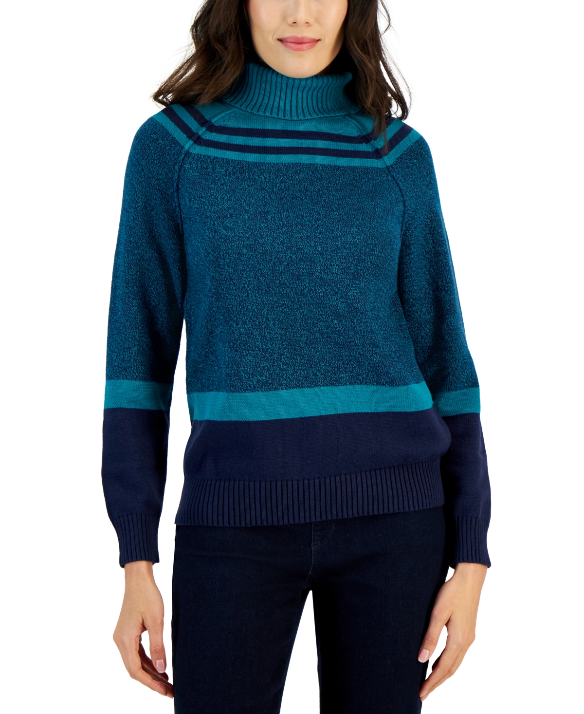 Amelia Cotton Colorblocked Turtleneck Sweater, Created for Macy's - Jazzy Teal