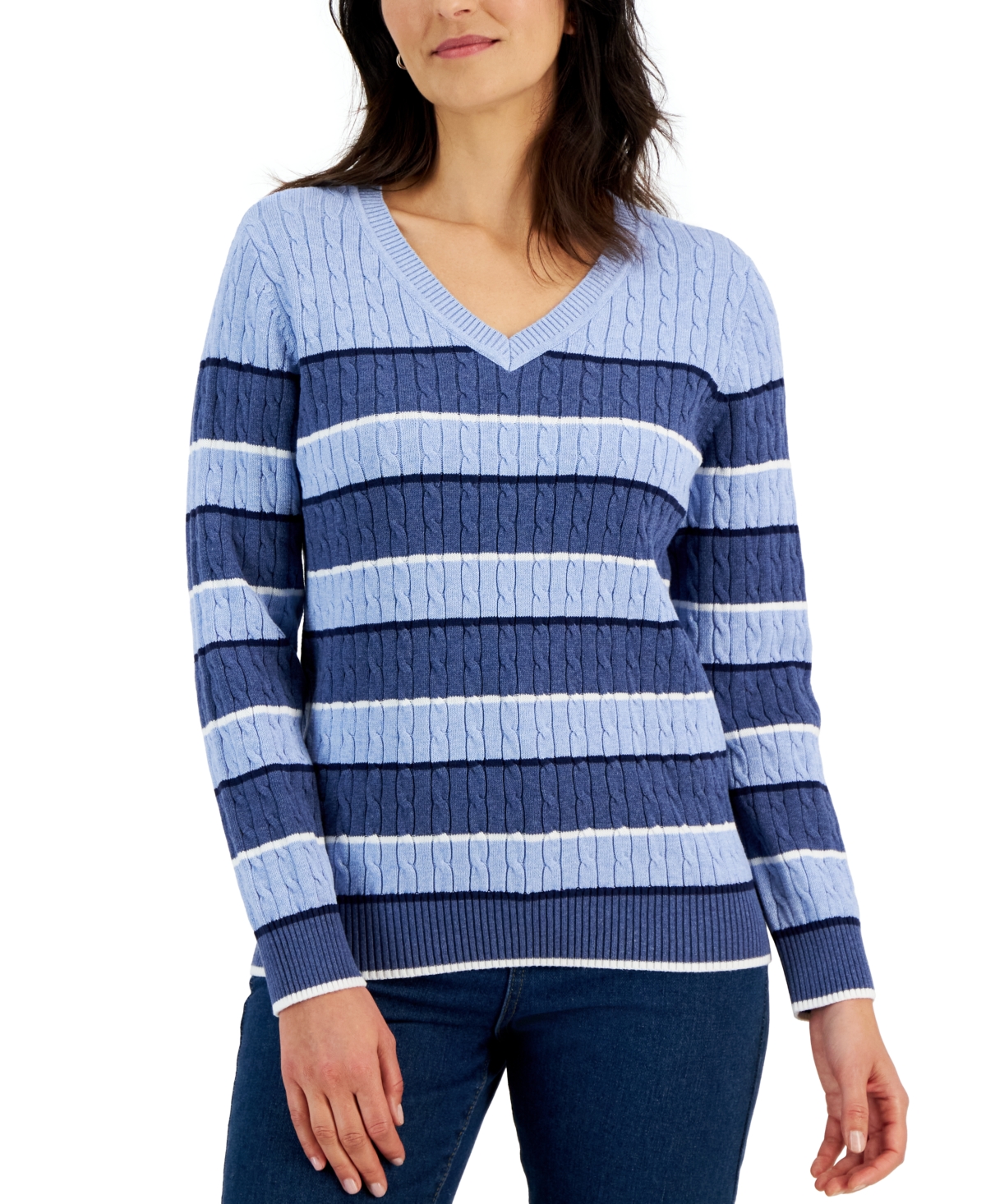 Gianna Cotton Striped Cable V-Neck Sweater, Created for Macy's - Heather Indigo