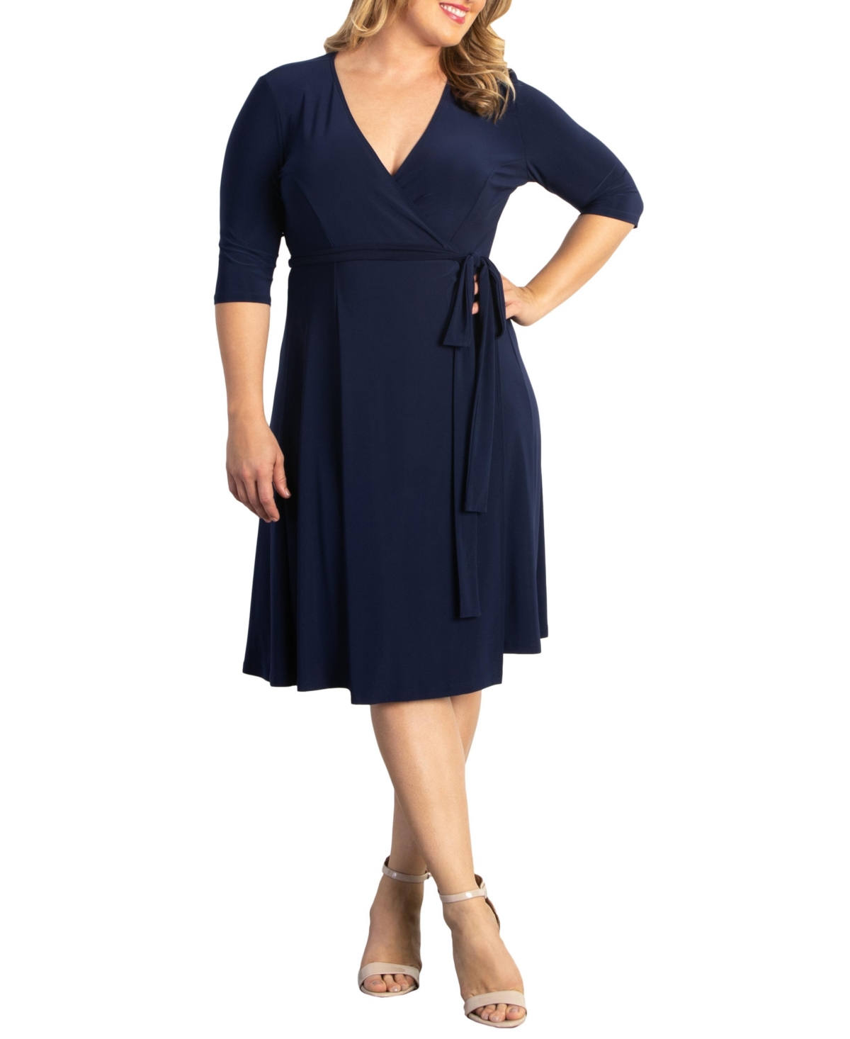 Plus Size Essential Wrap Dress with 3/4 Sleeves - Olive green