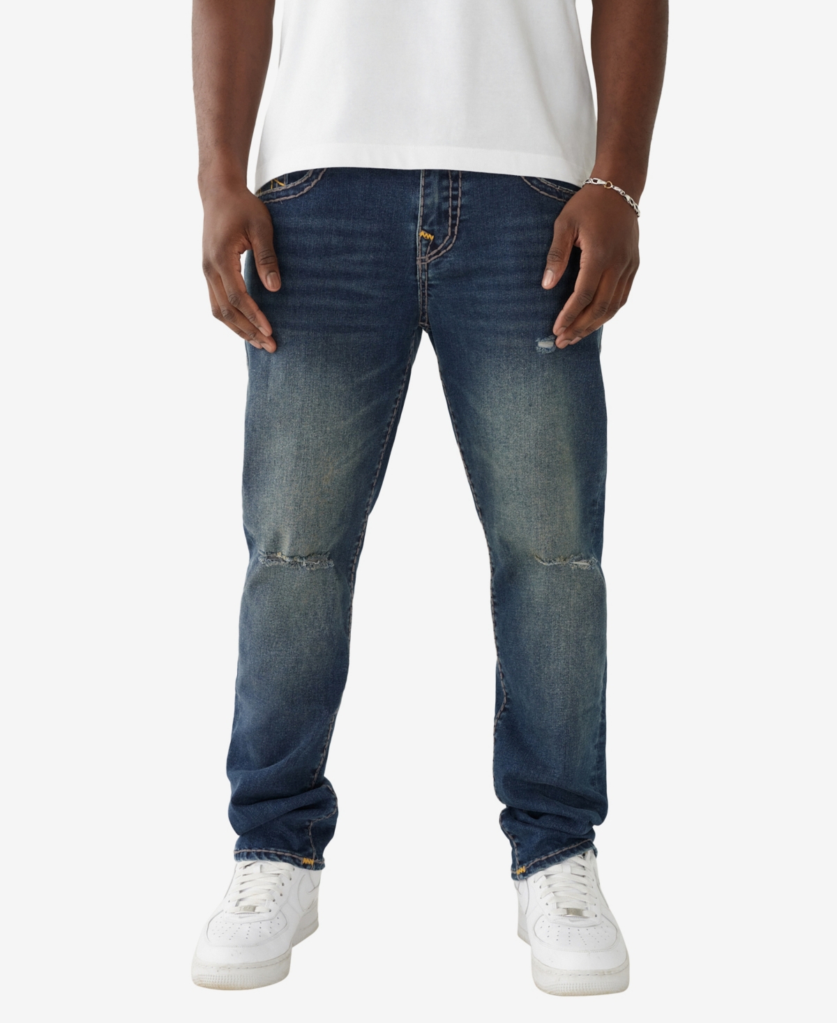 True Religion Men's Geno Slim Super T Jeans - Worn Trophy with Rips