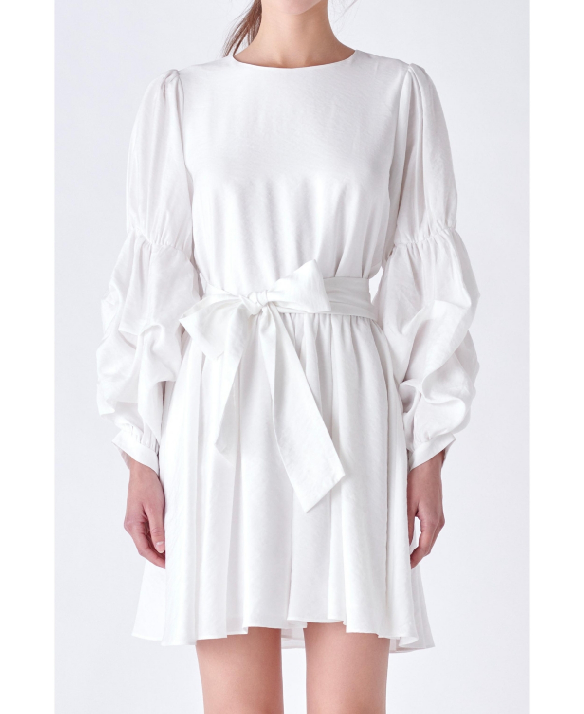 ENGLISH FACTORY WOMEN'S CINCHED PUFF SLEEVE BELTED DRESS