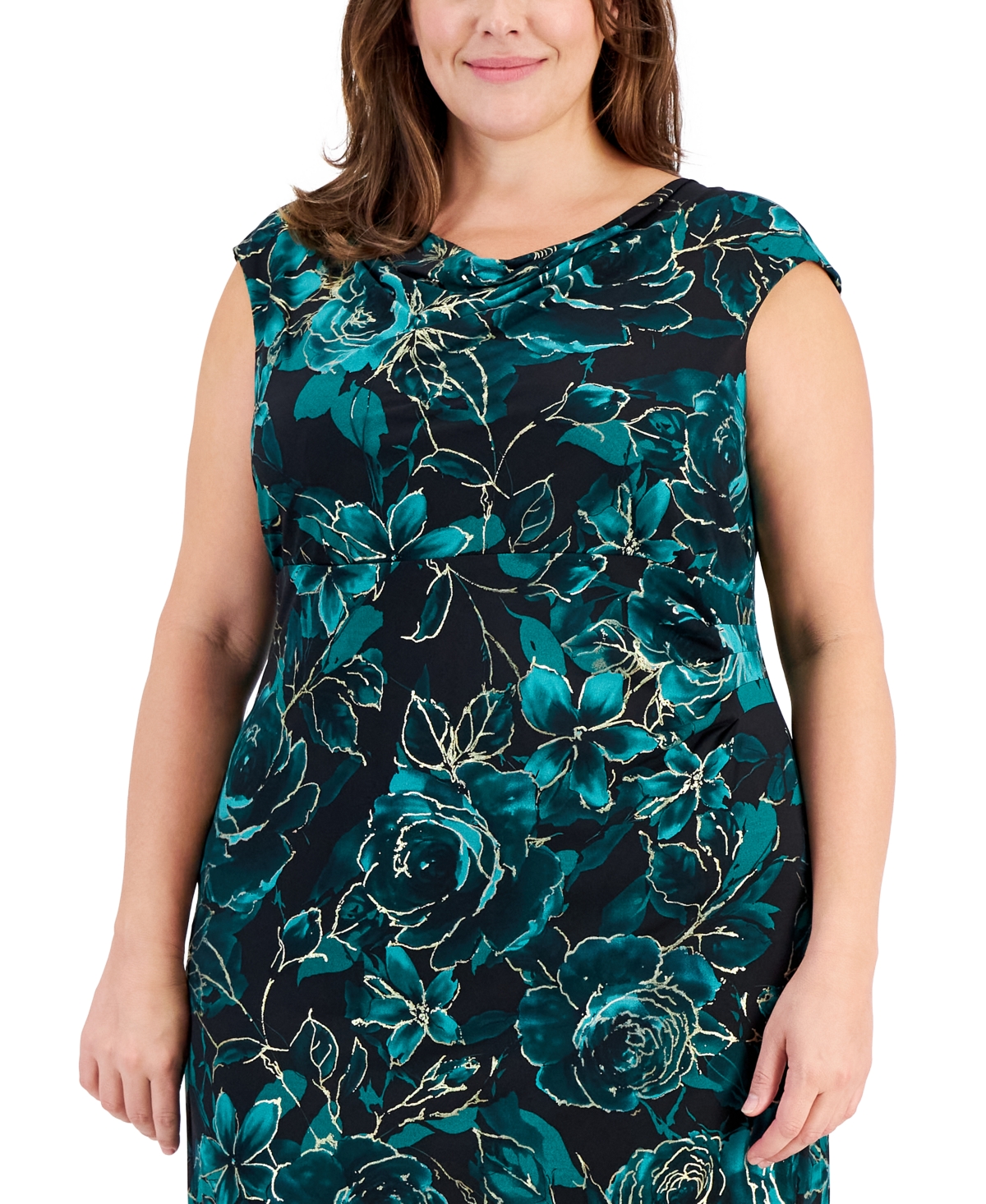 Connected Plus Floral-Print Cowlneck Midi Dress