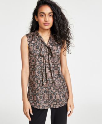 Tahari ASL - Women's Printed Tie-Neck Sleeveless Top
