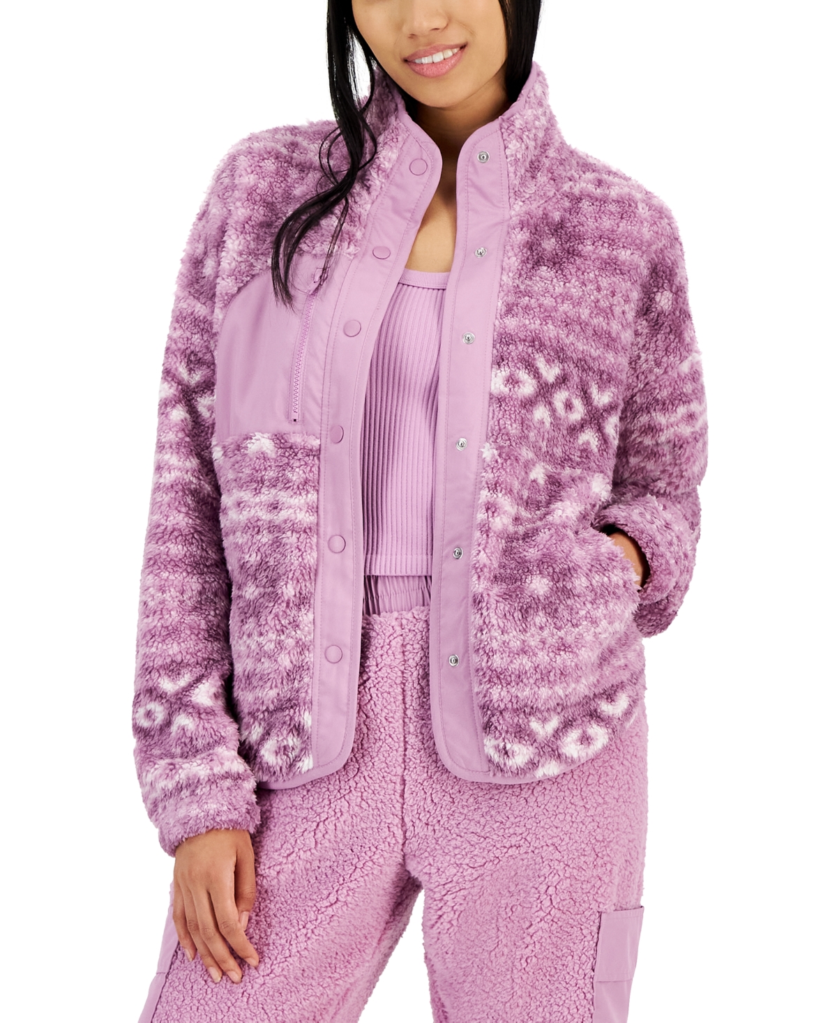Hippie Rose Juniors' Snap-front Sherpa Jacket In Orchid Fairisle