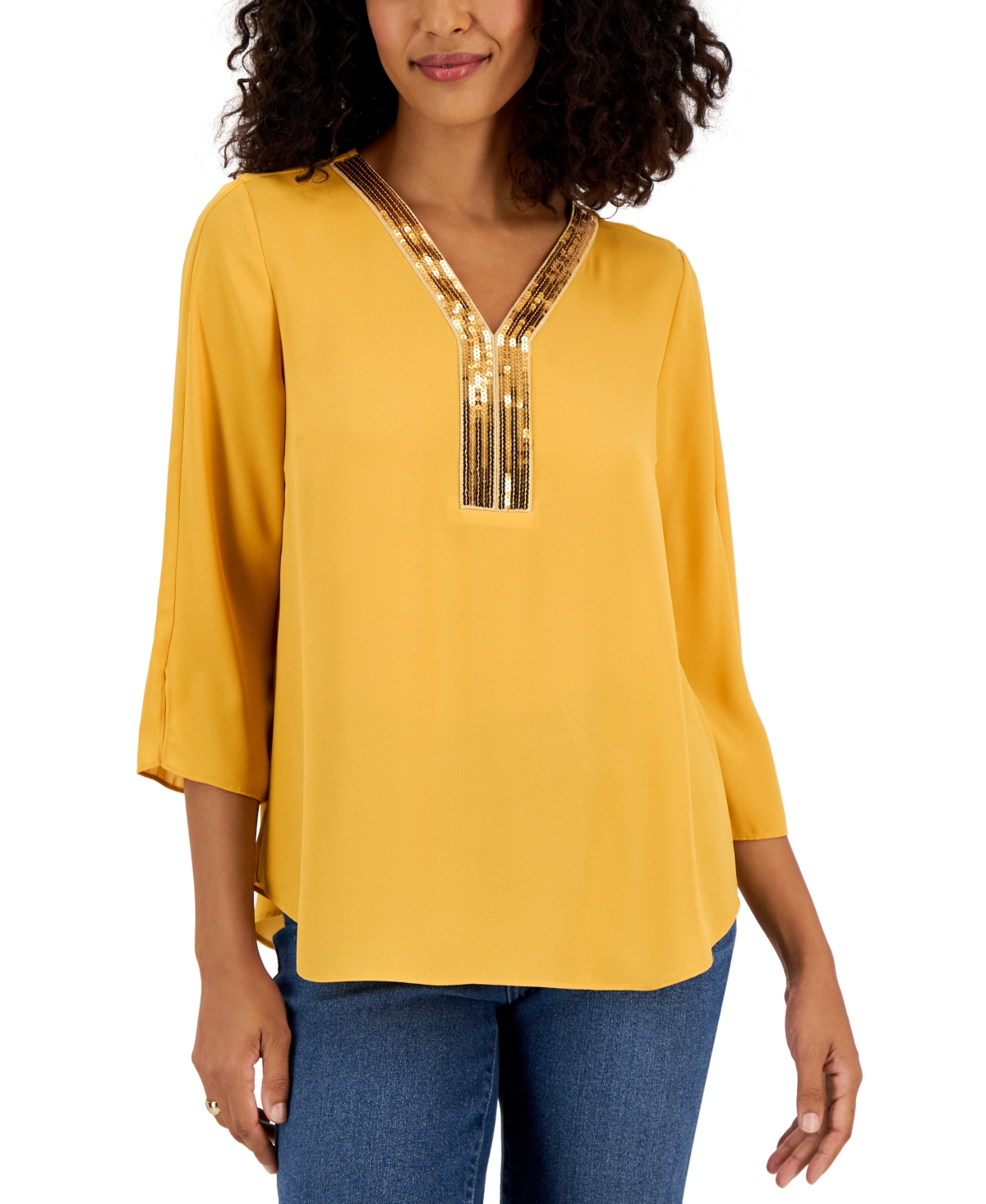 Jm Collection Petite Sequined-trimmed Y-neck 3/4-sleeve Top, Created For Macy's In Saffron Gold