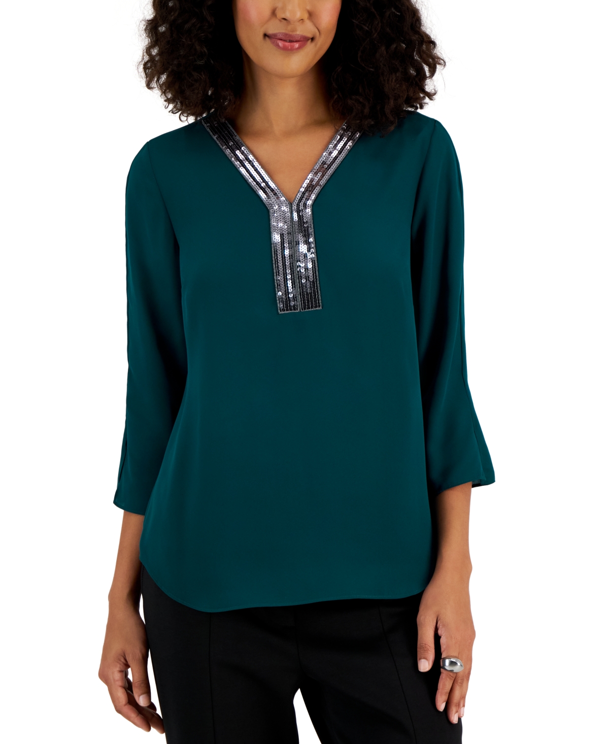 JM COLLECTION PETITE SEQUINED-TRIMMED Y-NECK 3/4-SLEEVE TOP, CREATED FOR MACY'S