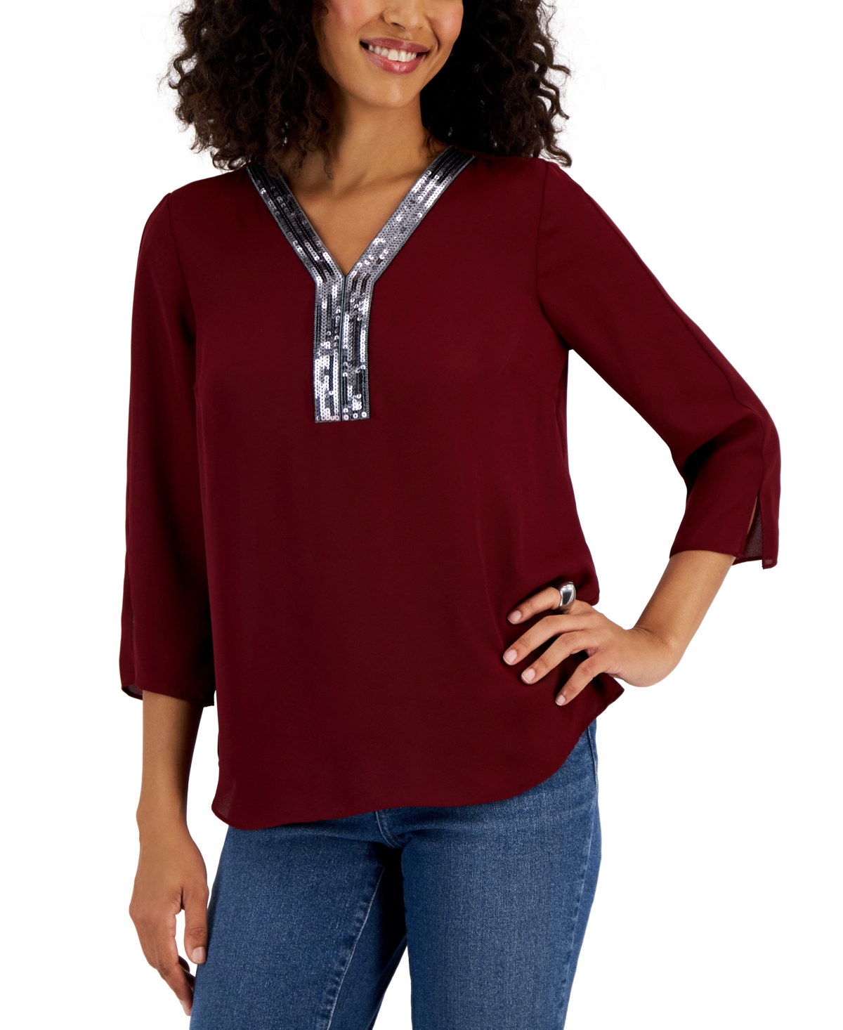 Shop Jm Collection Petite Sequined-trimmed Y-neck 3/4-sleeve Top, Created For Macy's In Dark Rust