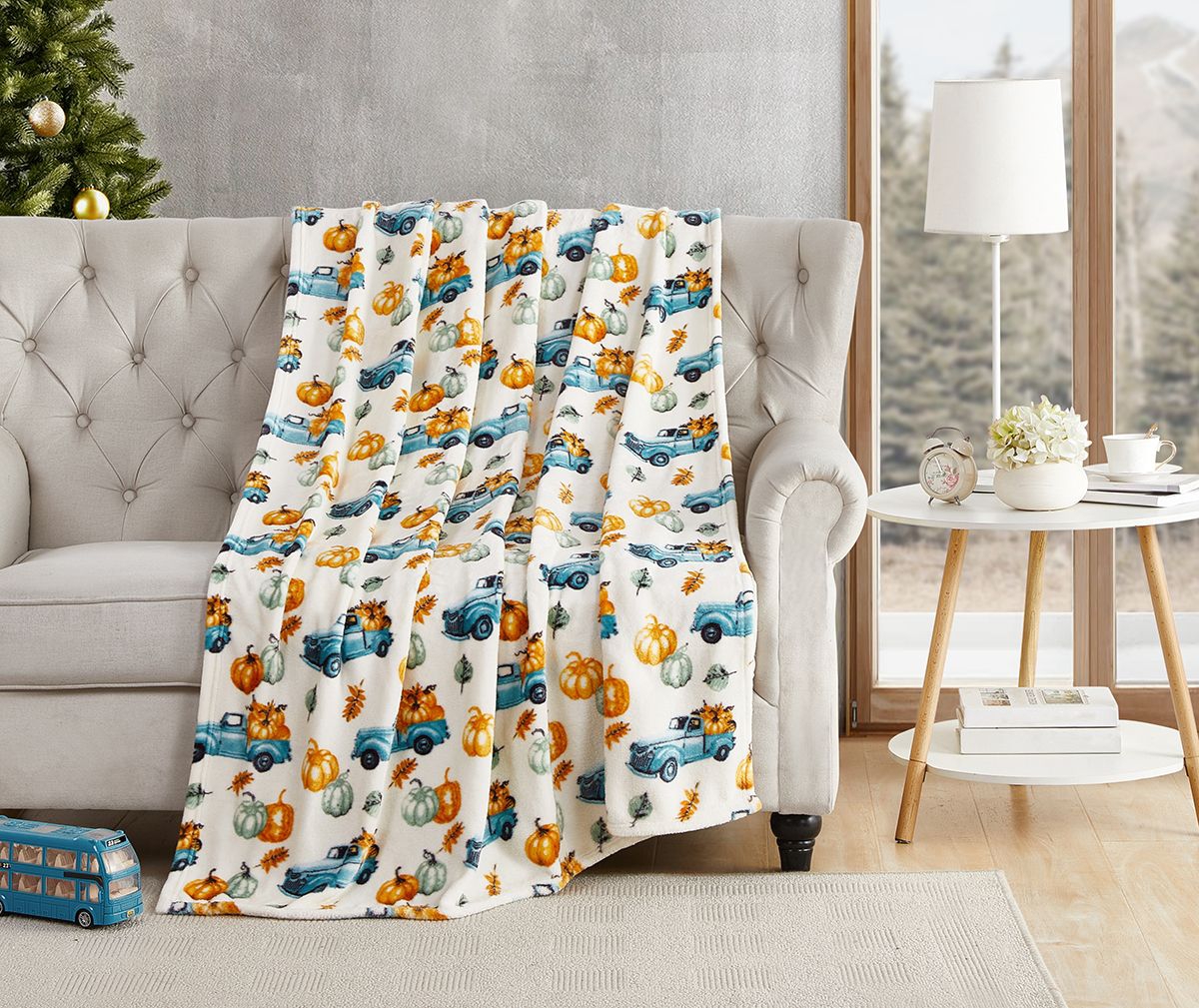 Kate Aurora Thanksgiving Autumn Harvest Watercolor Delivery Pick Up Trucks Ultra Soft & Plush Oversized Accent Throw Blanket - 50 in. W 70 in. L - W
