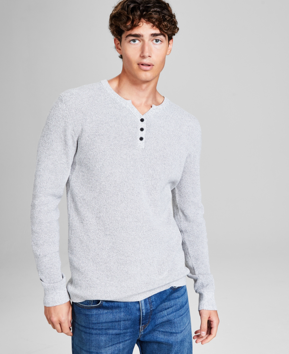 Men's Regular-Fit Waffle-Knit Long-Sleeve Y-Neck T-Shirt, Created for Macy's - Oatmeal Twist