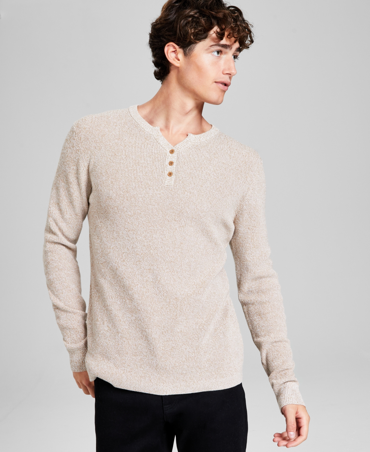 And Now This Men's Regular-fit Waffle-knit Long-sleeve Y-neck T-shirt, Created For Macy's In Oatmeal Twist