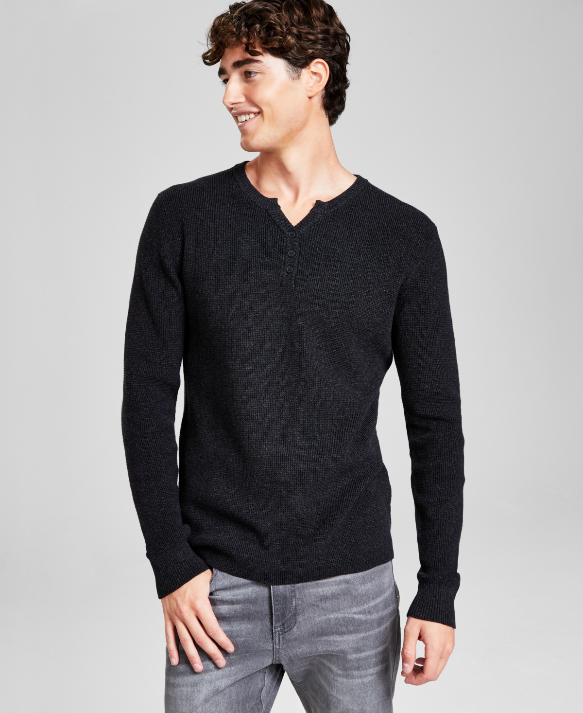 And Now This Men's Regular-fit Waffle-knit Long-sleeve Y-neck T-shirt, Created For Macy's In Asphalt Mel Twist