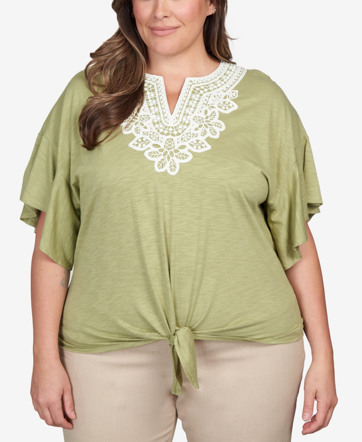 Ruby Rd. Plus Size Cotton Lace Tie-front T-shirt In New Sage
