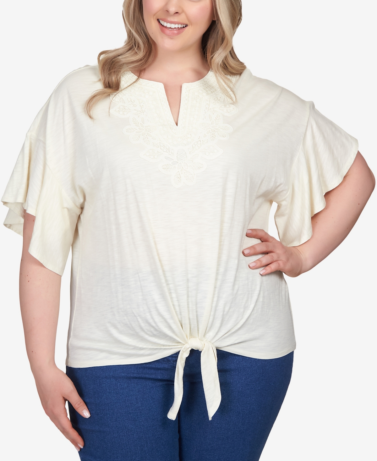 Ruby Rd. Plus Size Cotton Lace Tie-front T-shirt In Tusk
