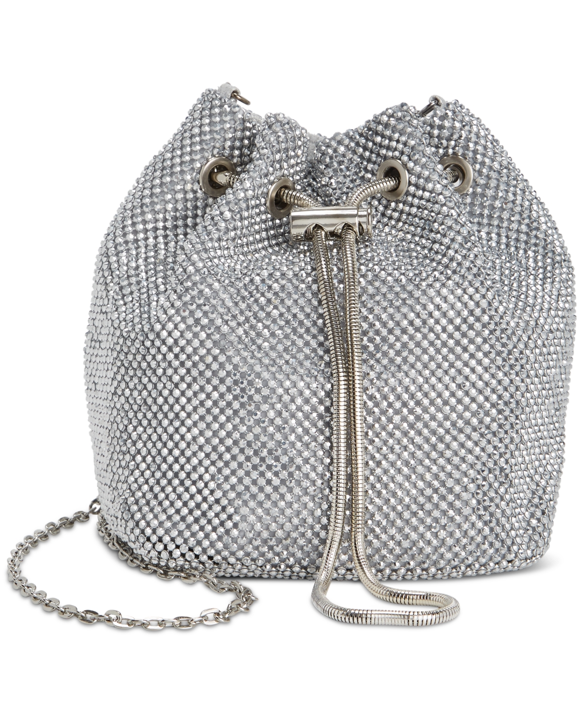 Inc International Concepts Mini Drawstring Diamond Mesh Bucket Bag, Created For Macy's In Silver
