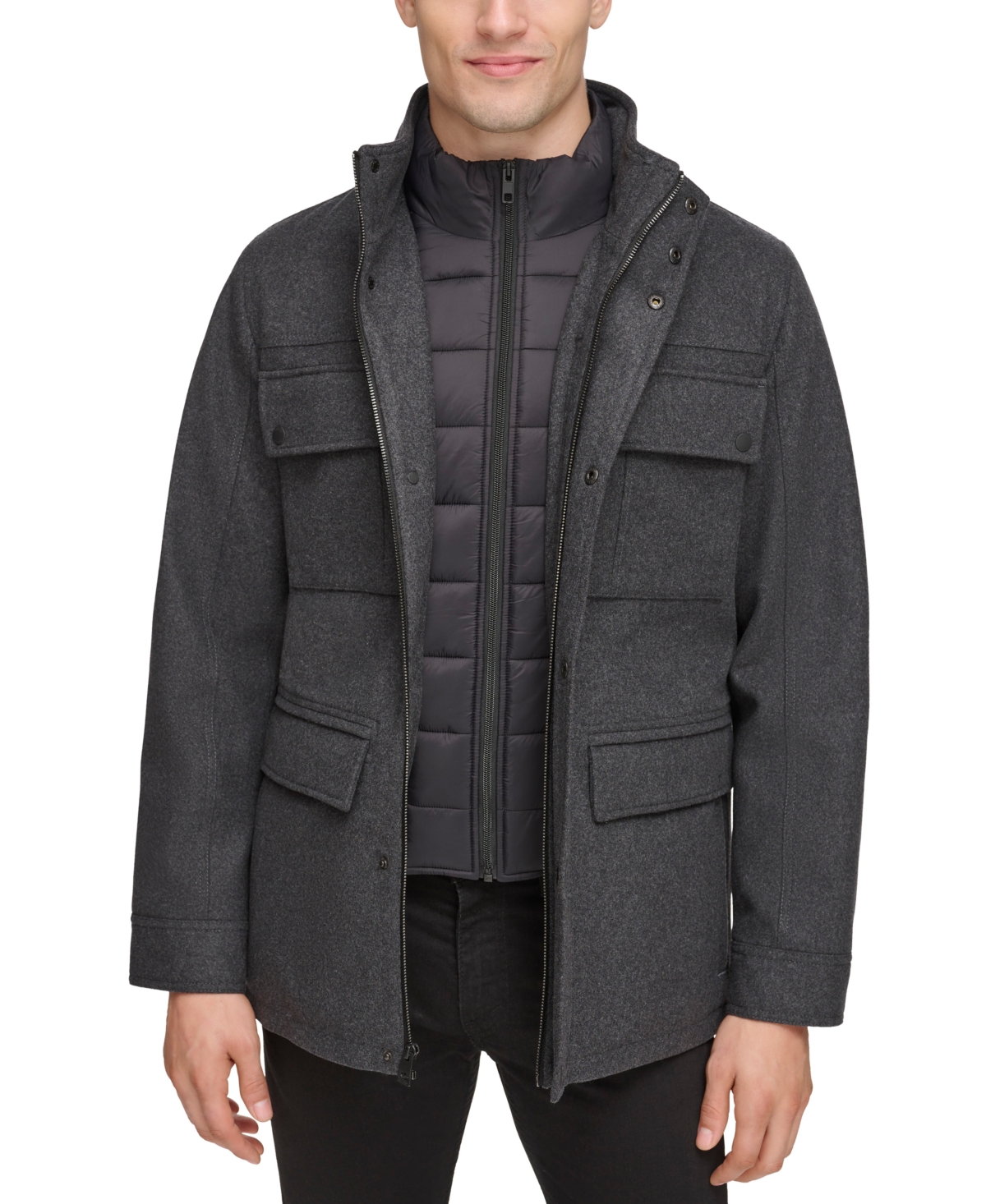 Guess Men's Water-repellent Jacket With Zip-out Quilted Puffer Bib In Charcoal