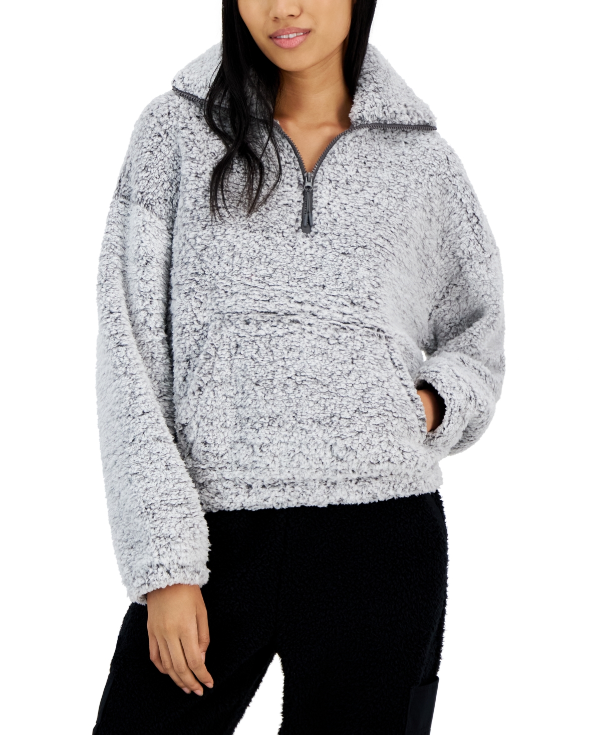 Juniors' Extended Quarter-Zip Long-Sleeve Sherpa Sweatshirt - Grey Frosty