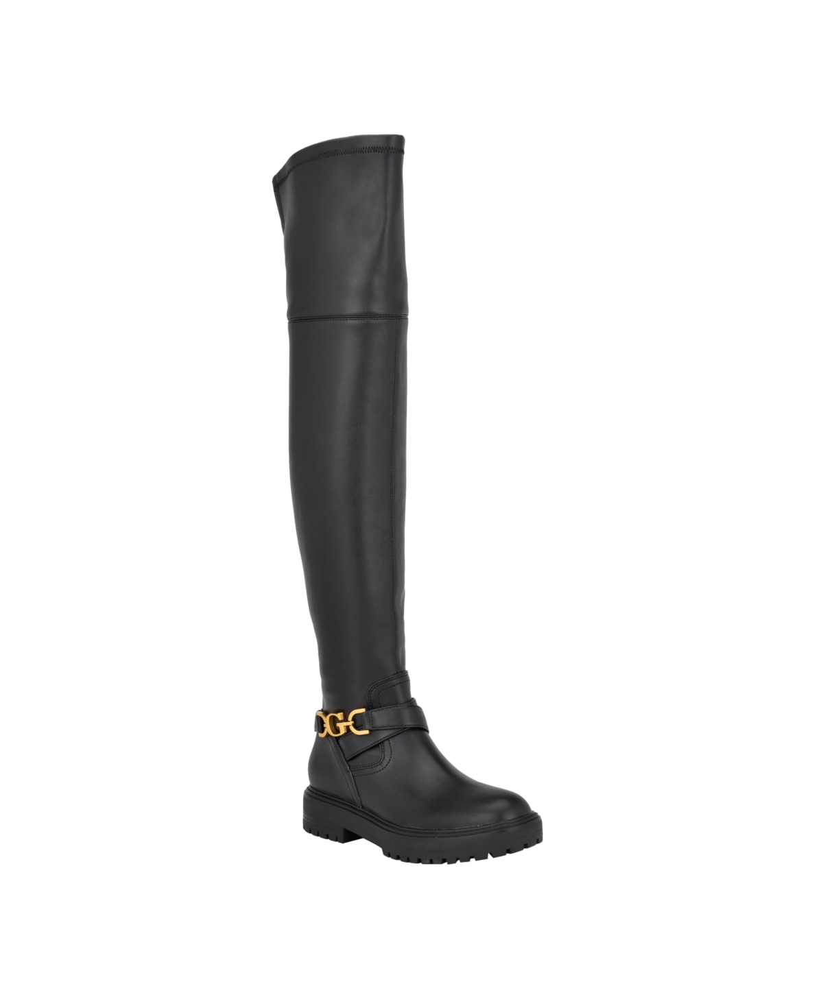 Guess Women s Jellio Over The Knee Lug Sole Ornament Strap Narrow Calf Boots Black Smart Closet